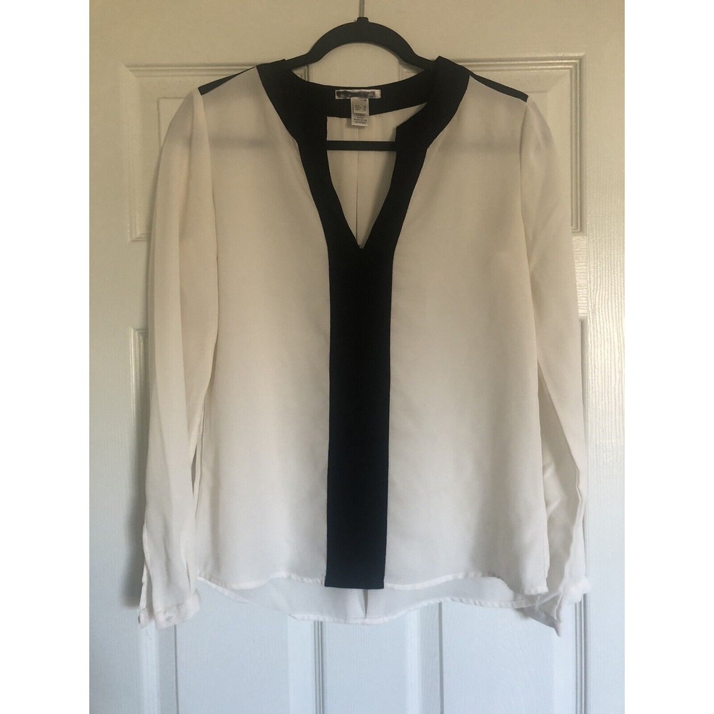 Mango Suit Blouse‎ M Sheer White & Black Top Tunic Button Up Collar Long Sleeve